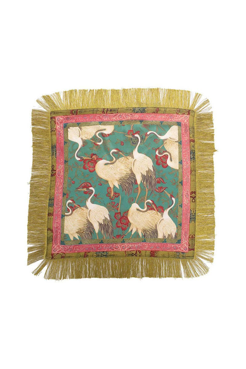 Fringed Crane Print Square Scarf