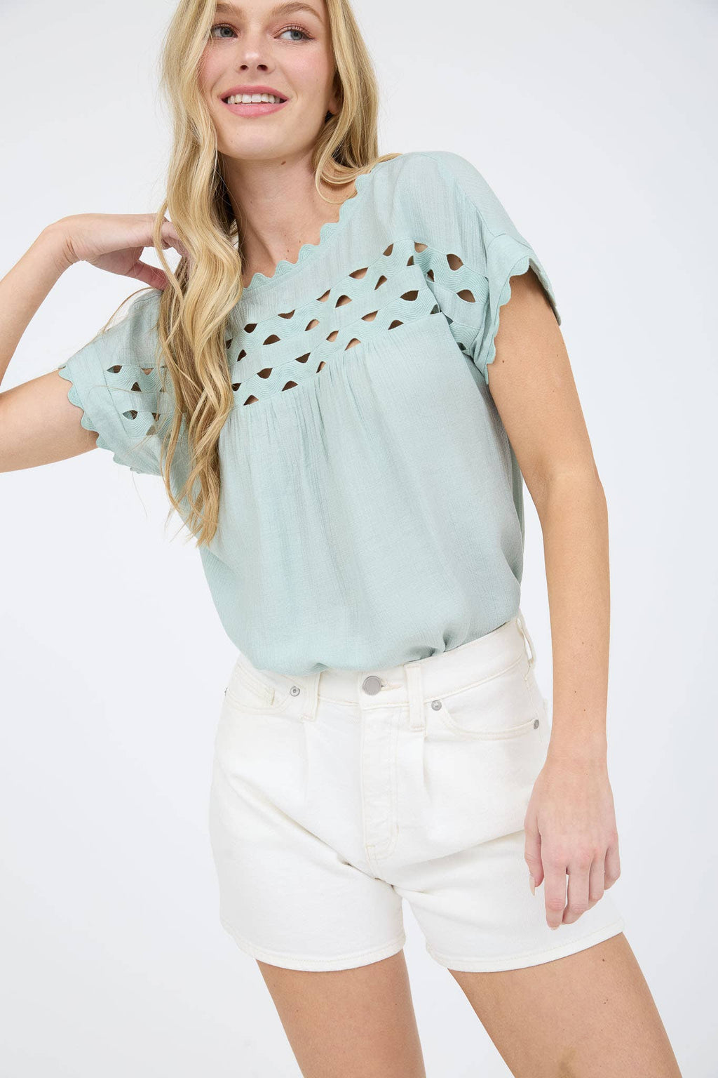 Scallop-Trim Cutout Short-Sleeve Blouse