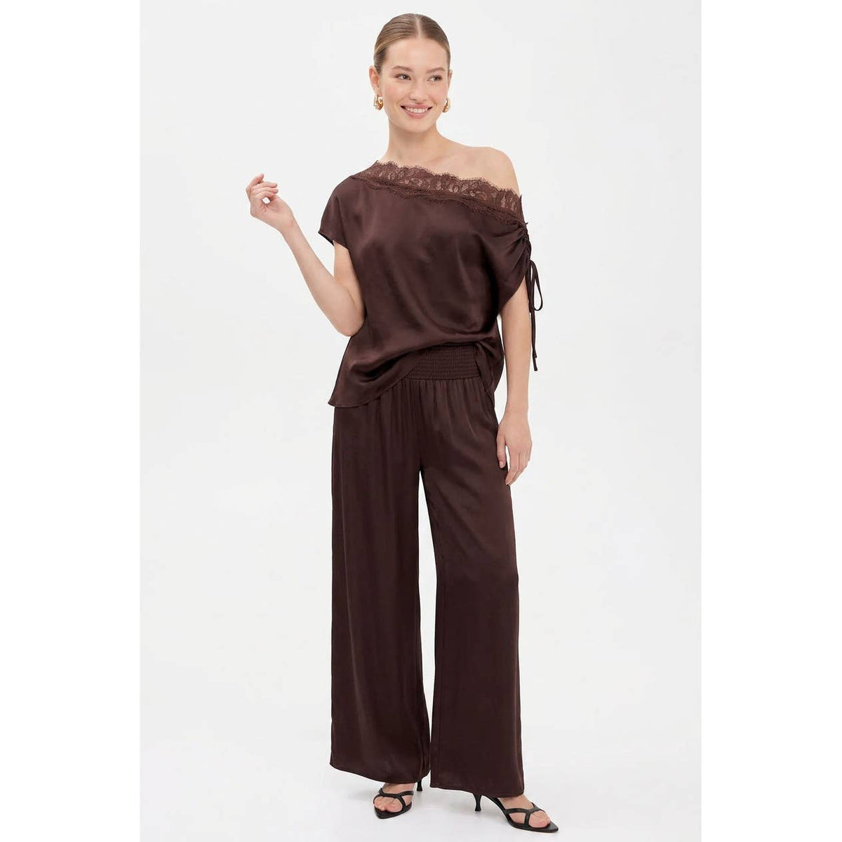 Draped Off Shoulder Lace Trim Blouse