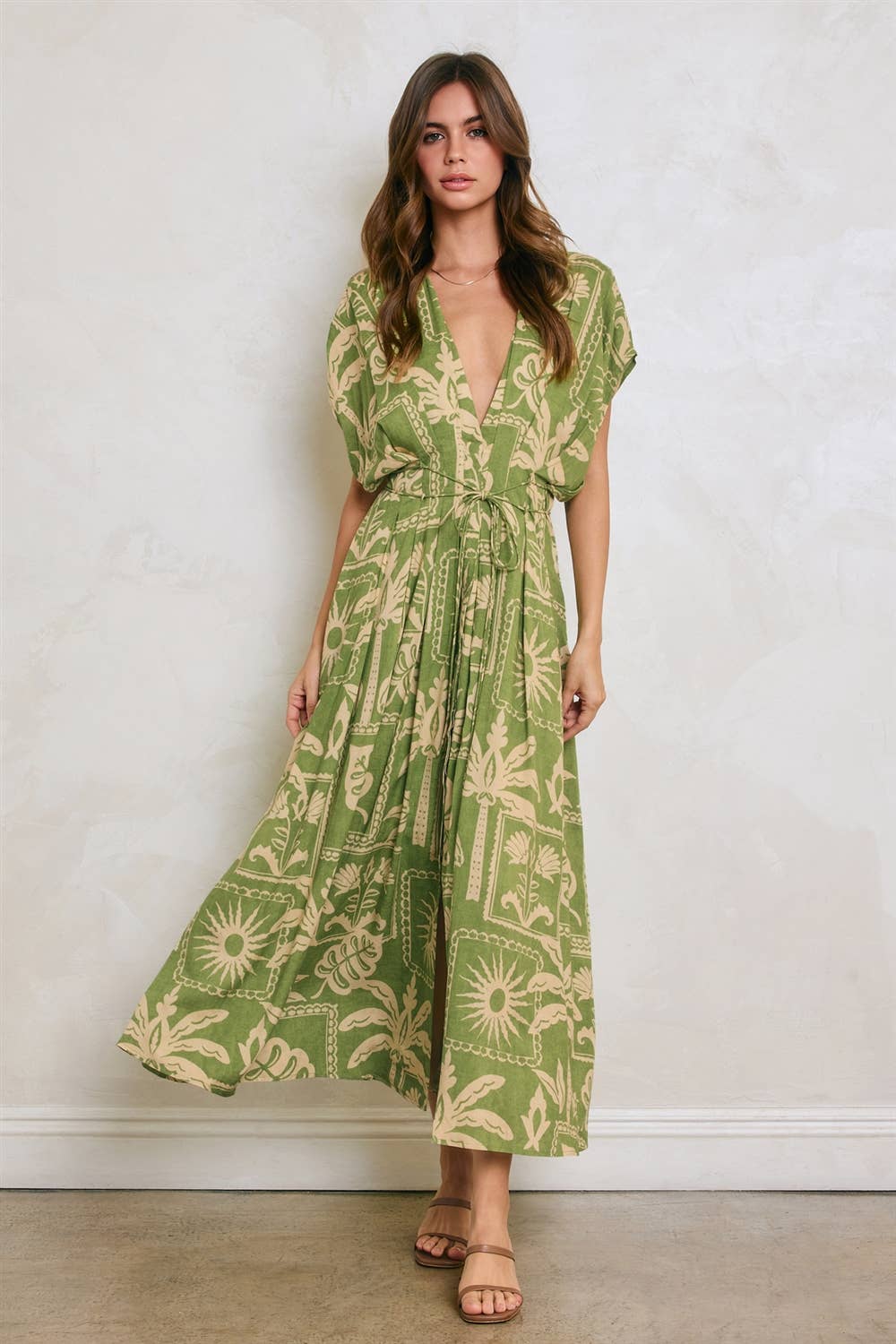 Tropical Conversational Pleated Cinch Waist Midi Dress