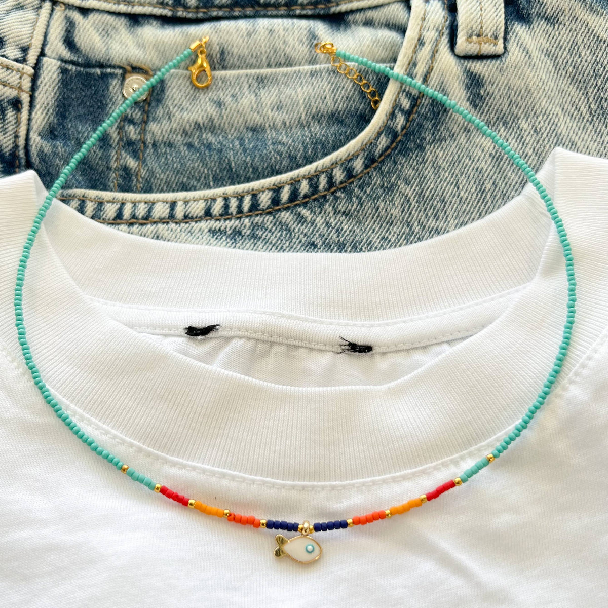 Beaded Necklace with Charm, Fish Necklace, Cute Necklace