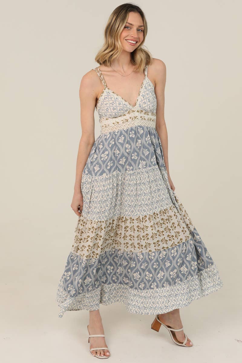 Mixed-Print Lace-Trim V-Neck Maxi Dress