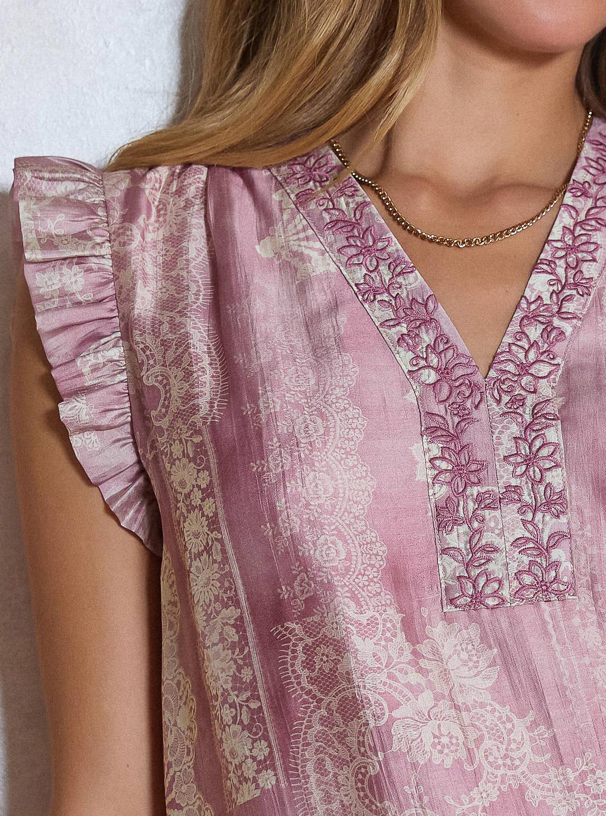 Lace Printed Embroidered Short Sleeve Blouse