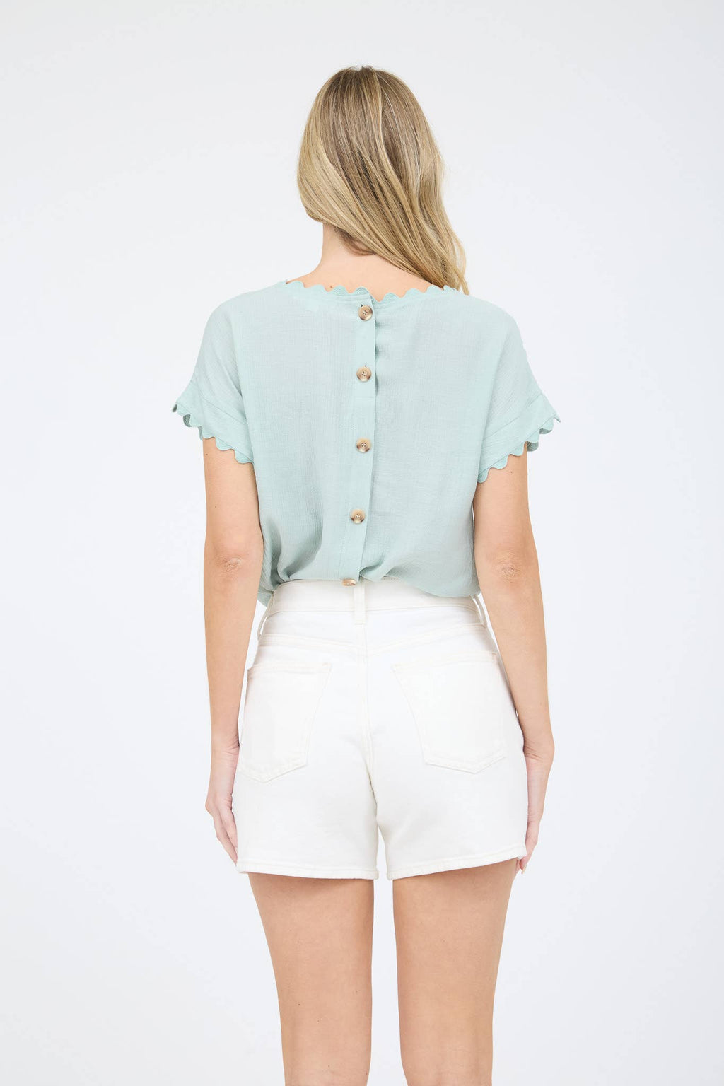 Scallop-Trim Cutout Short-Sleeve Blouse
