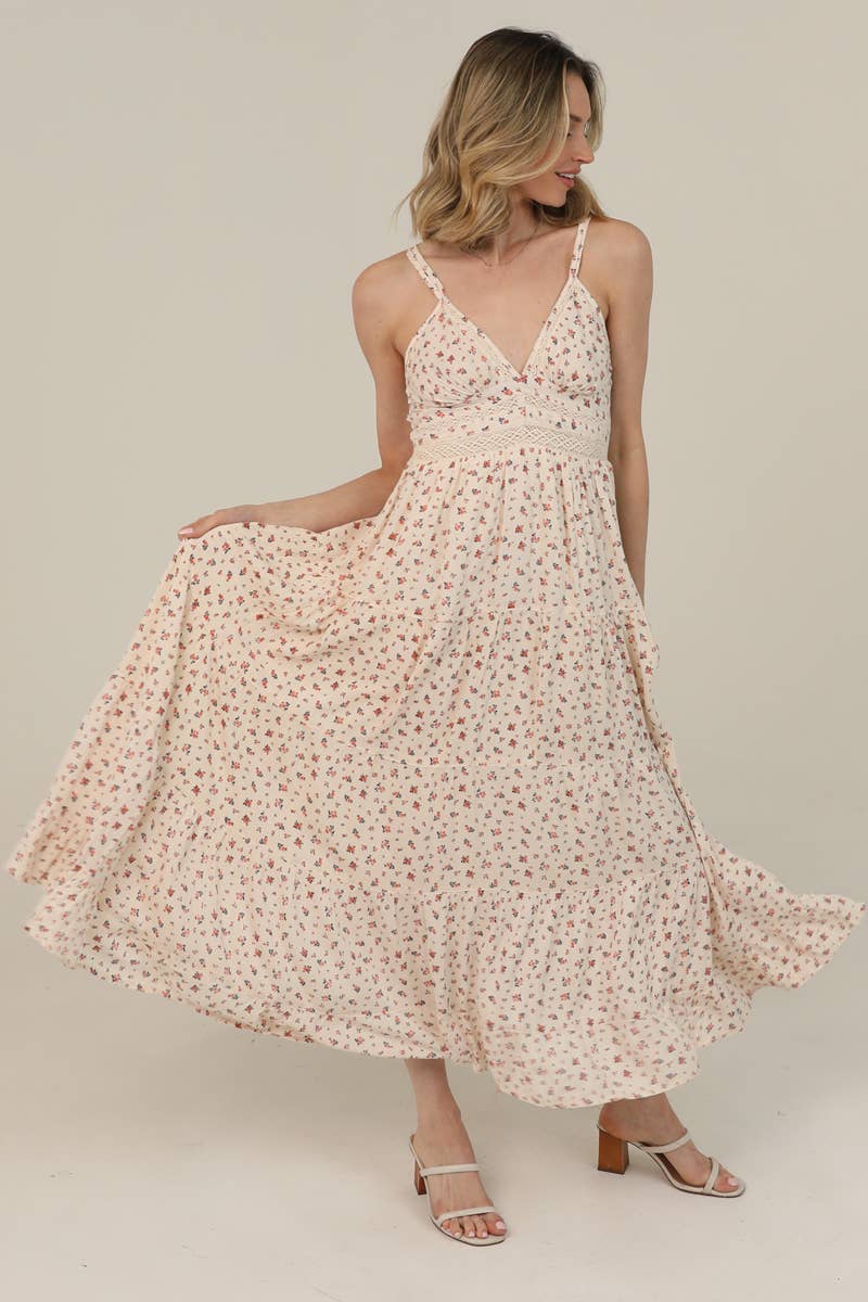 Ditsy Floral Lace-Trim V-Neck Maxi Dress