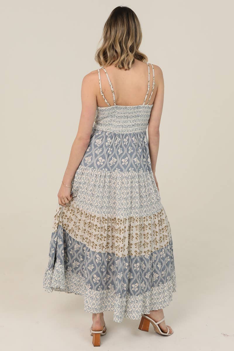 Mixed-Print Lace-Trim V-Neck Maxi Dress