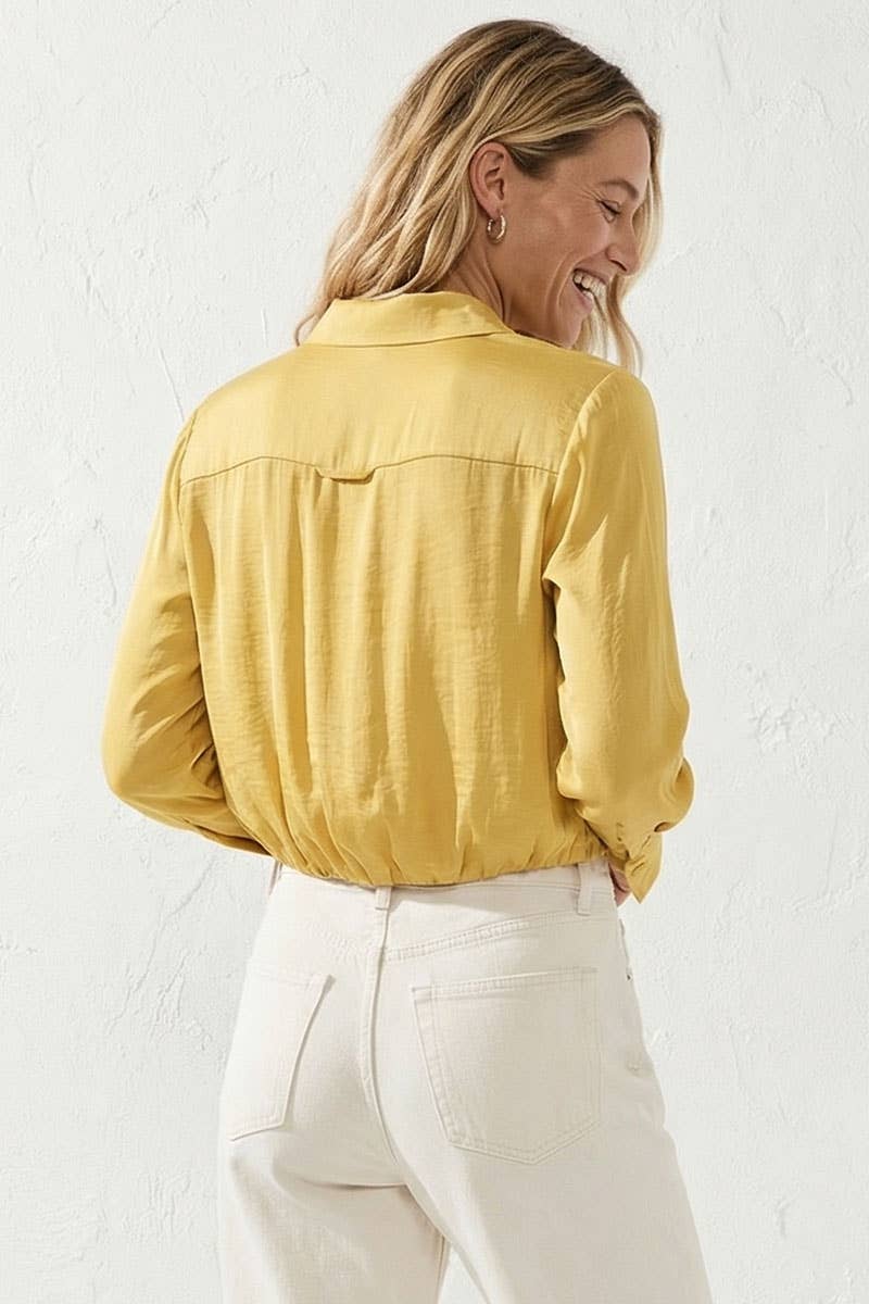 Cropped Button-down Blouse With Elastic Hem