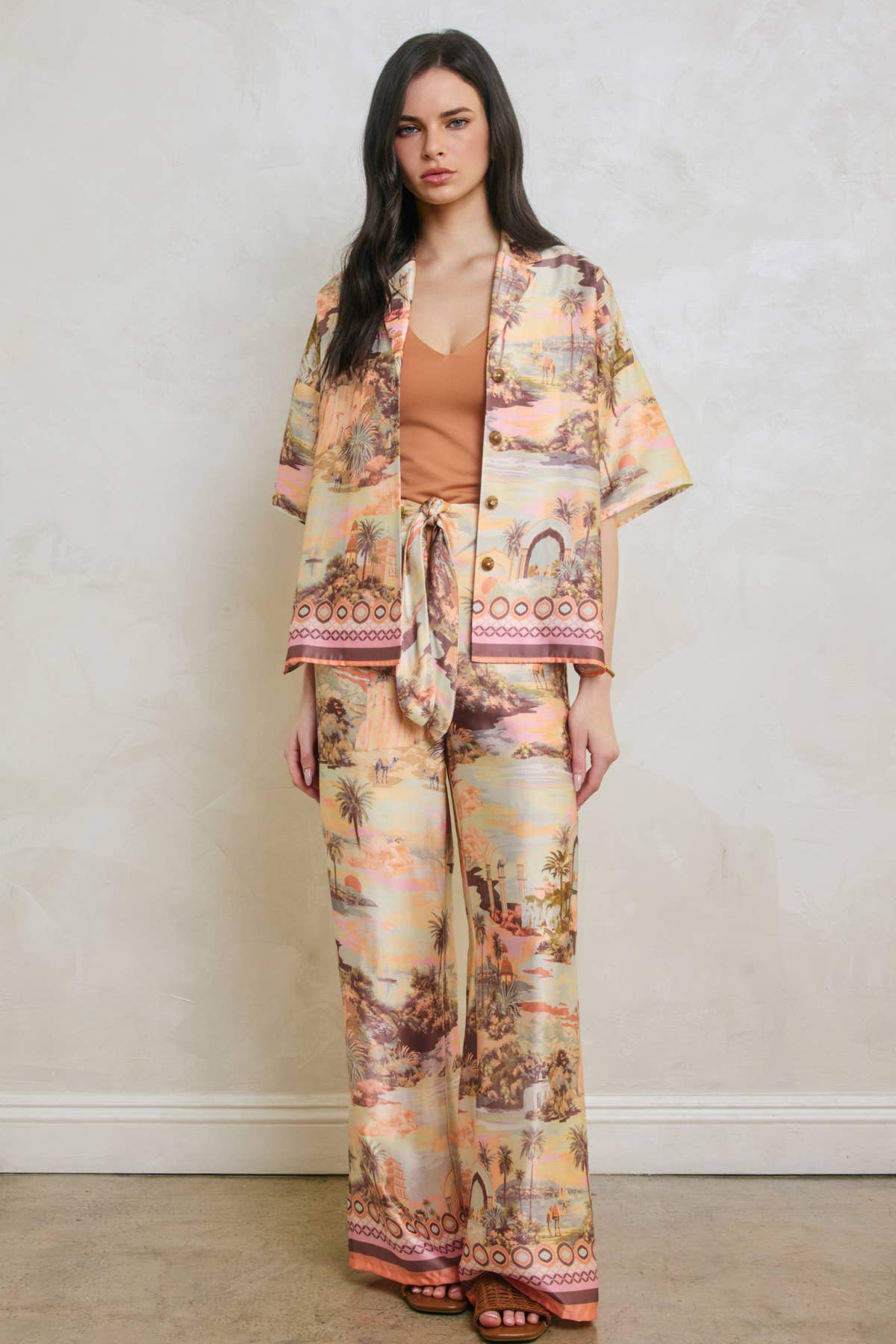 Conversational Border Print Tie Front Relaxed Pants