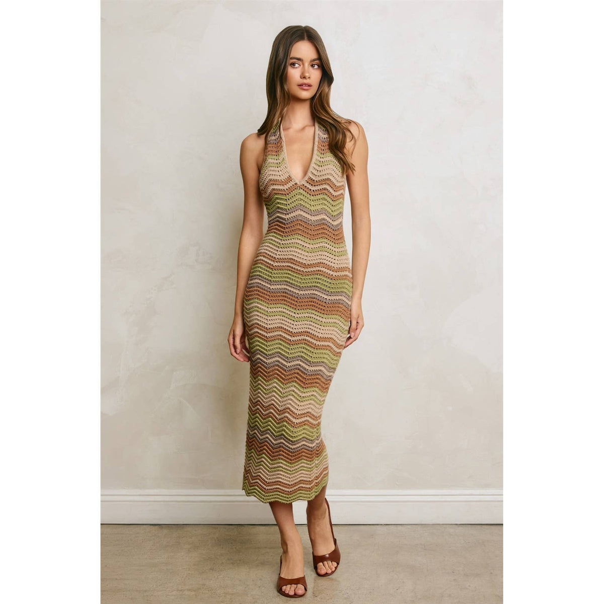 Metallic Chevron Stripe Halter Knitted Dress