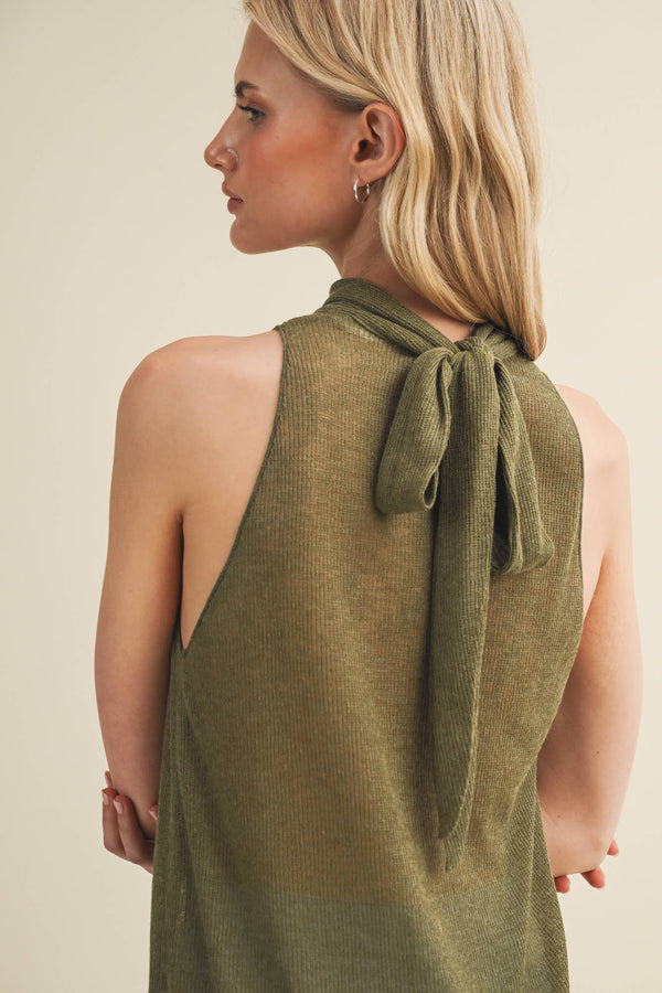 Tie-Back Mock Neck Ribbed Knit Top in OLIVE GREEN
