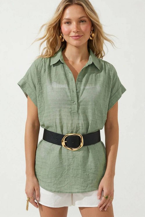 Sheer Rayon-Cotton Short Sleeve Popover Blouse