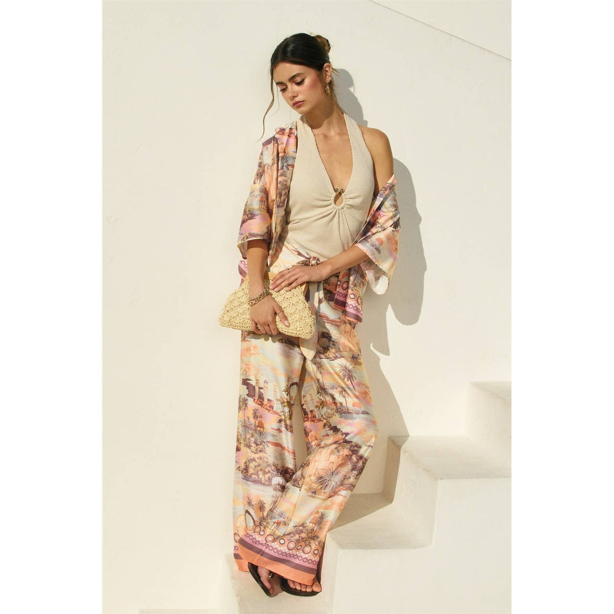 Conversational Border Print Tie Front Relaxed Pants
