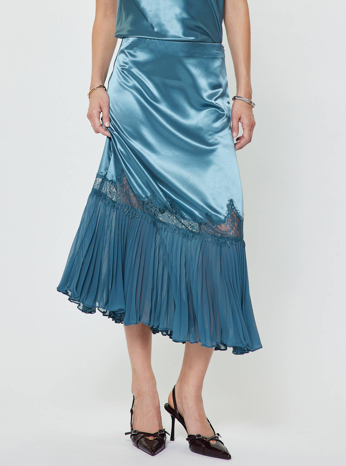 Satin Lace Pleated Ruffle Midi Skirt