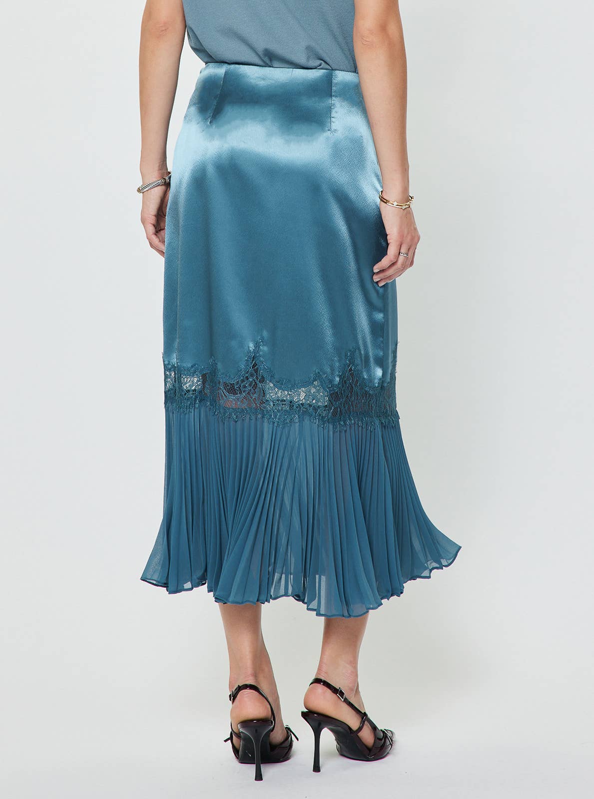 Satin Lace Pleated Ruffle Midi Skirt