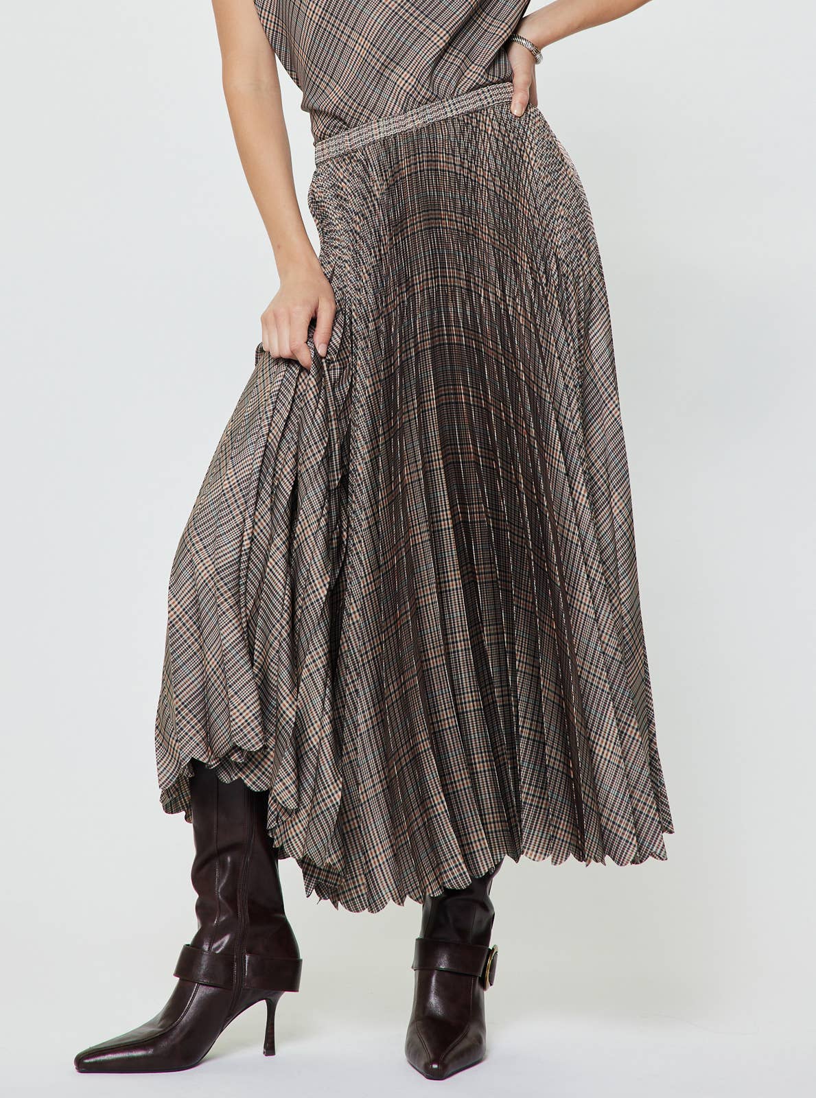 Plaid Pleated Midi Skirt