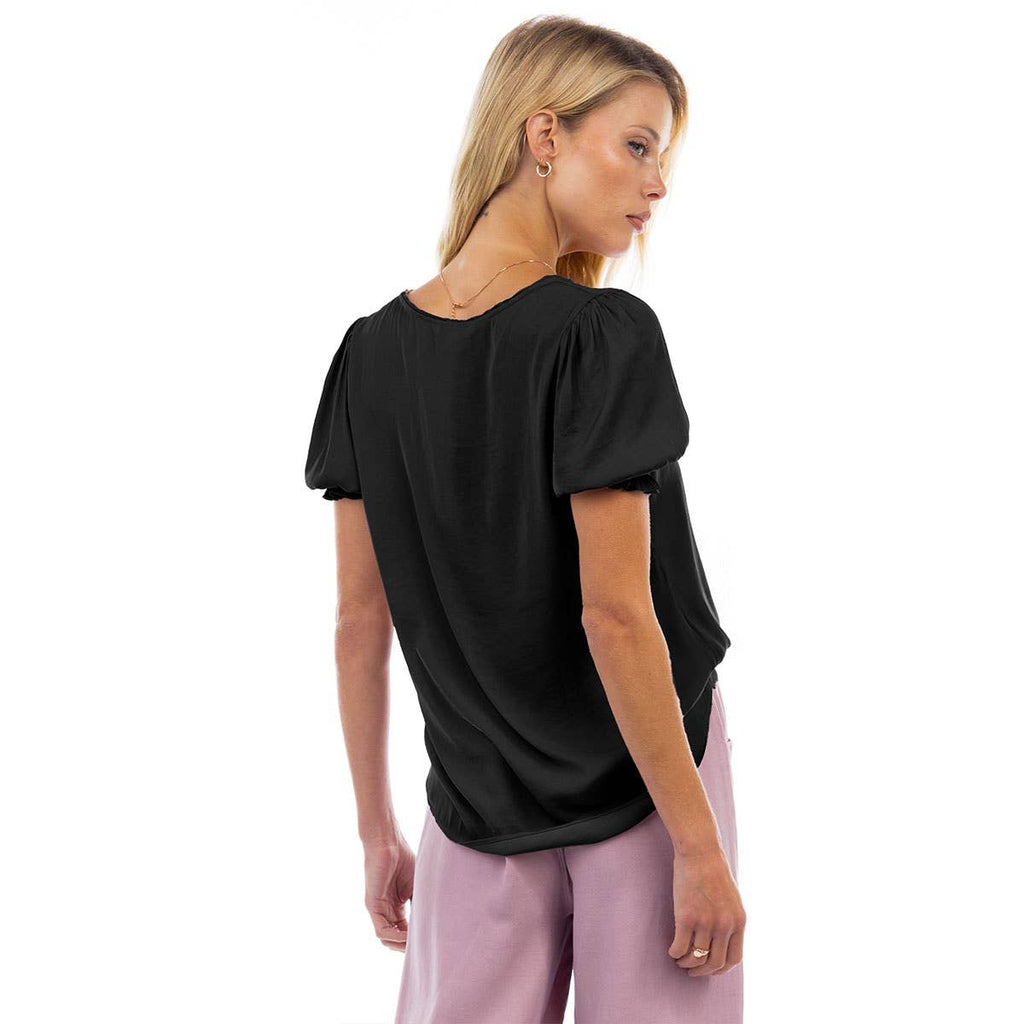 Crew Neck Short Sleeve Blouse With Piping Detail