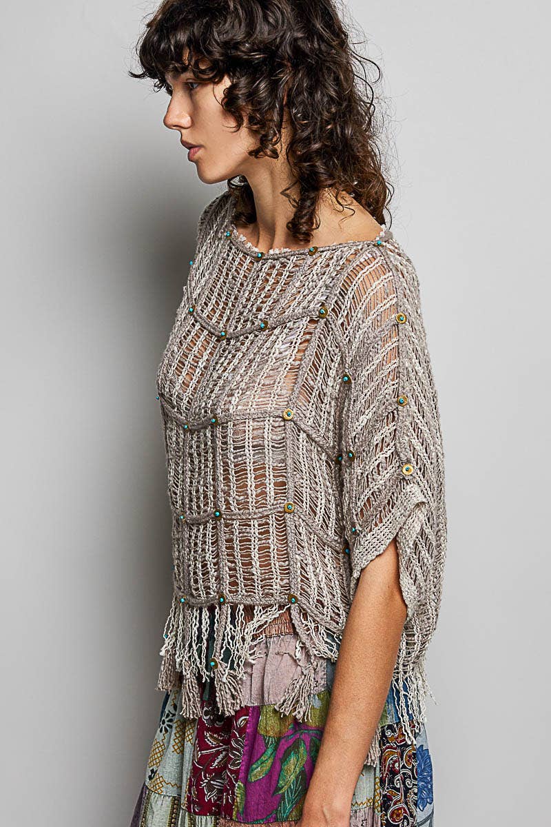 Boho Tassel Rivet Accent Round Neck Short Sleeve