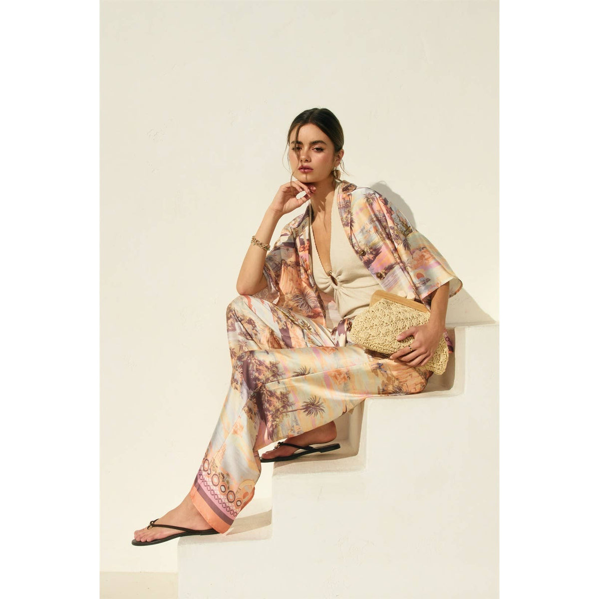 Conversational Border Print Tie Front Relaxed Pants
