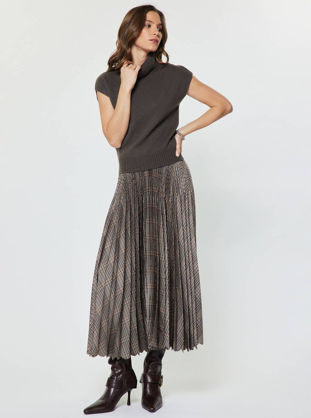 Plaid Pleated Midi Skirt