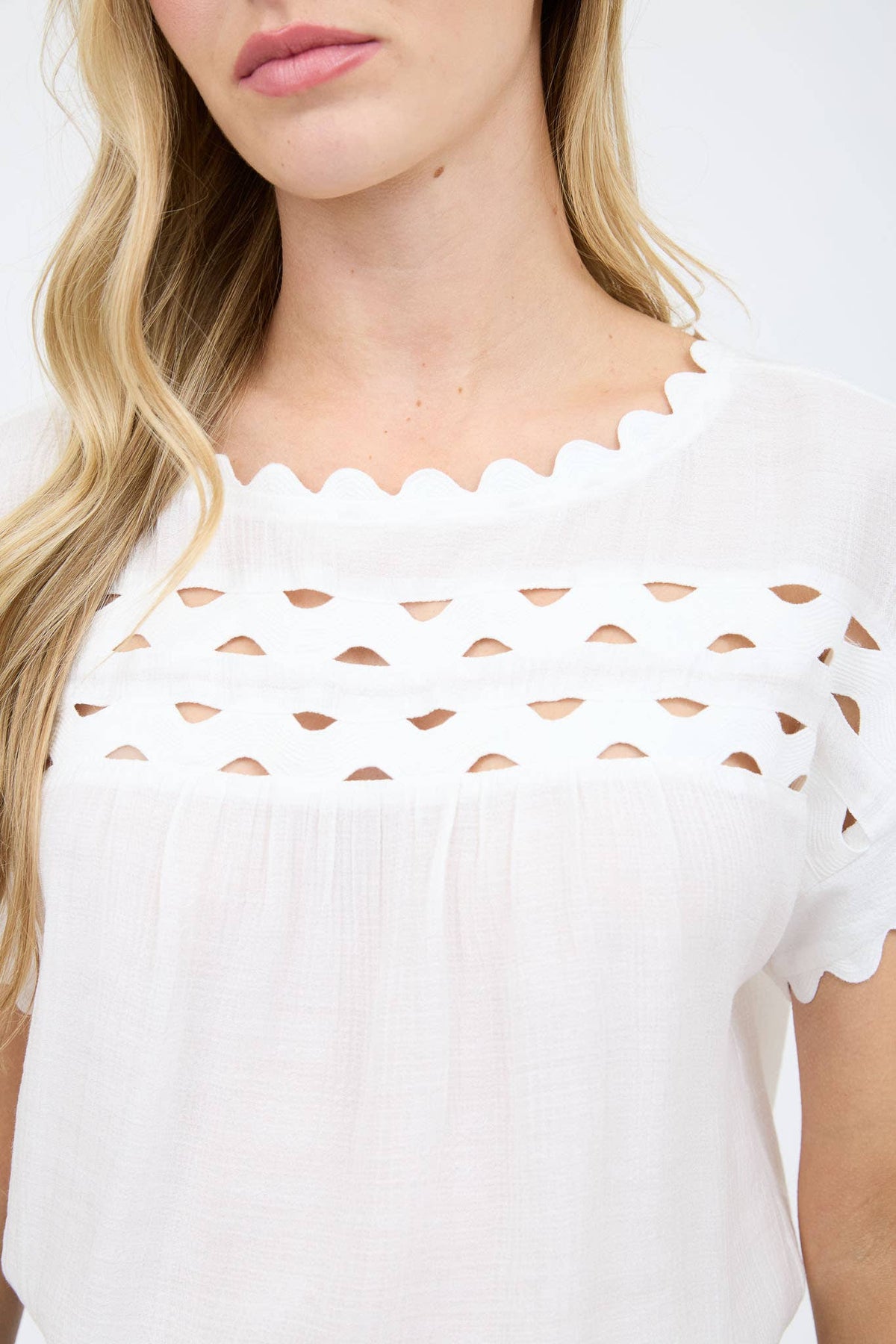Scallop-Trim Cutout Short-Sleeve Blouse