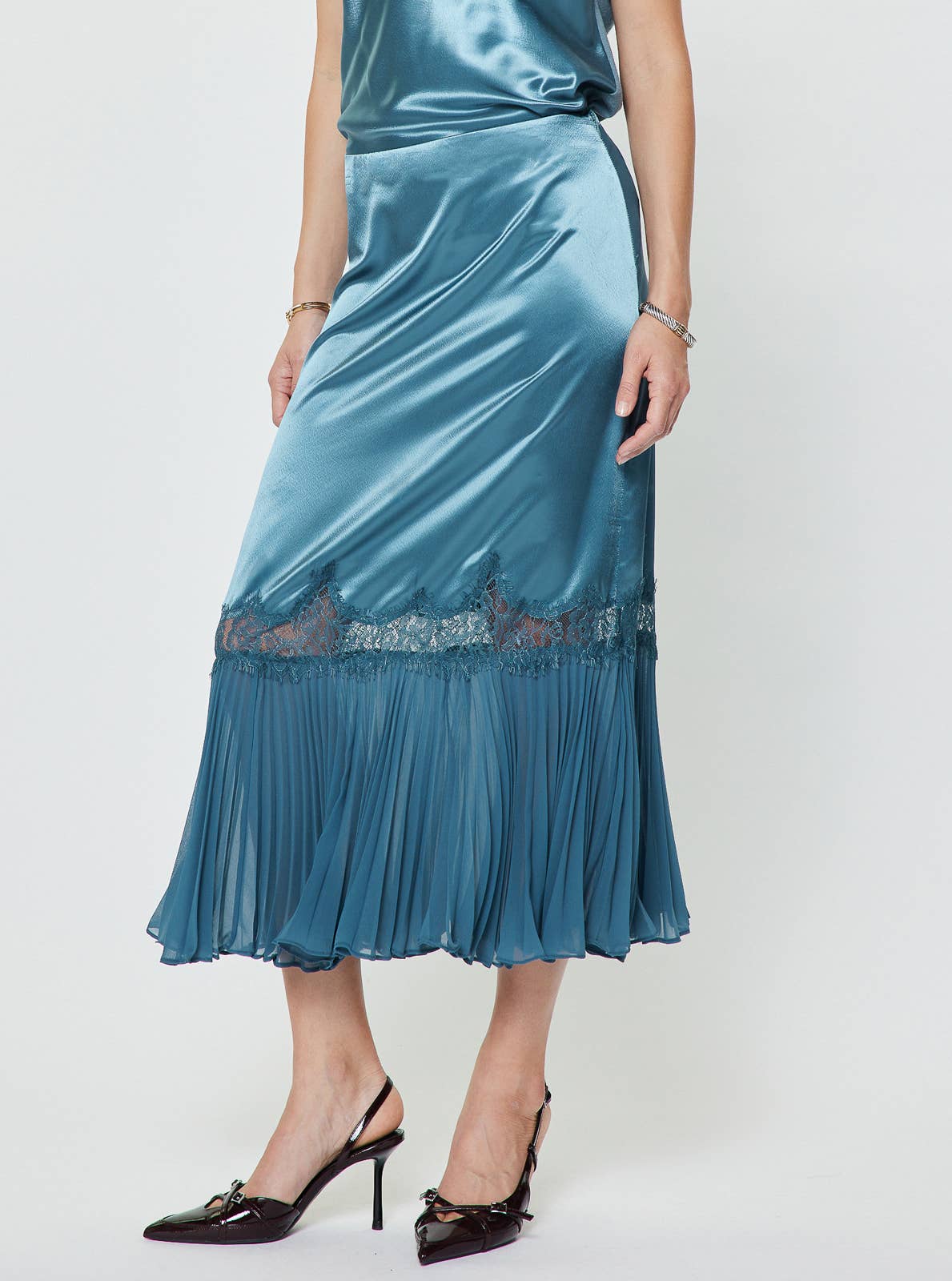 Satin Lace Pleated Ruffle Midi Skirt