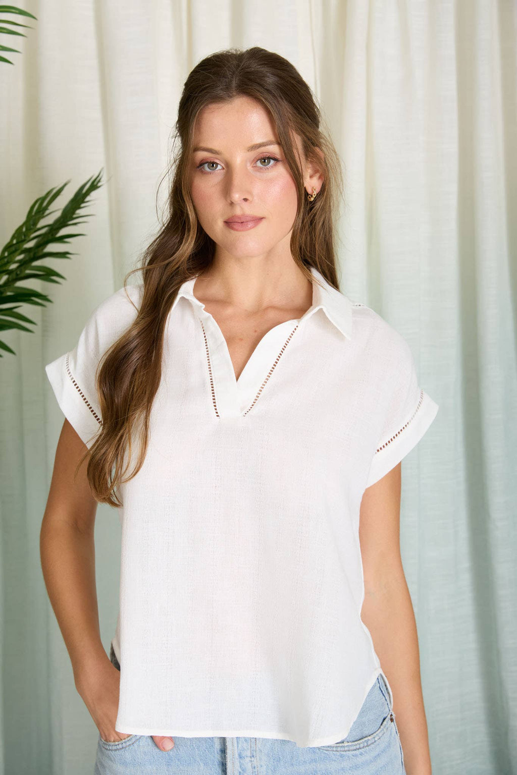 Collared V-Neck Top with Lace Trim