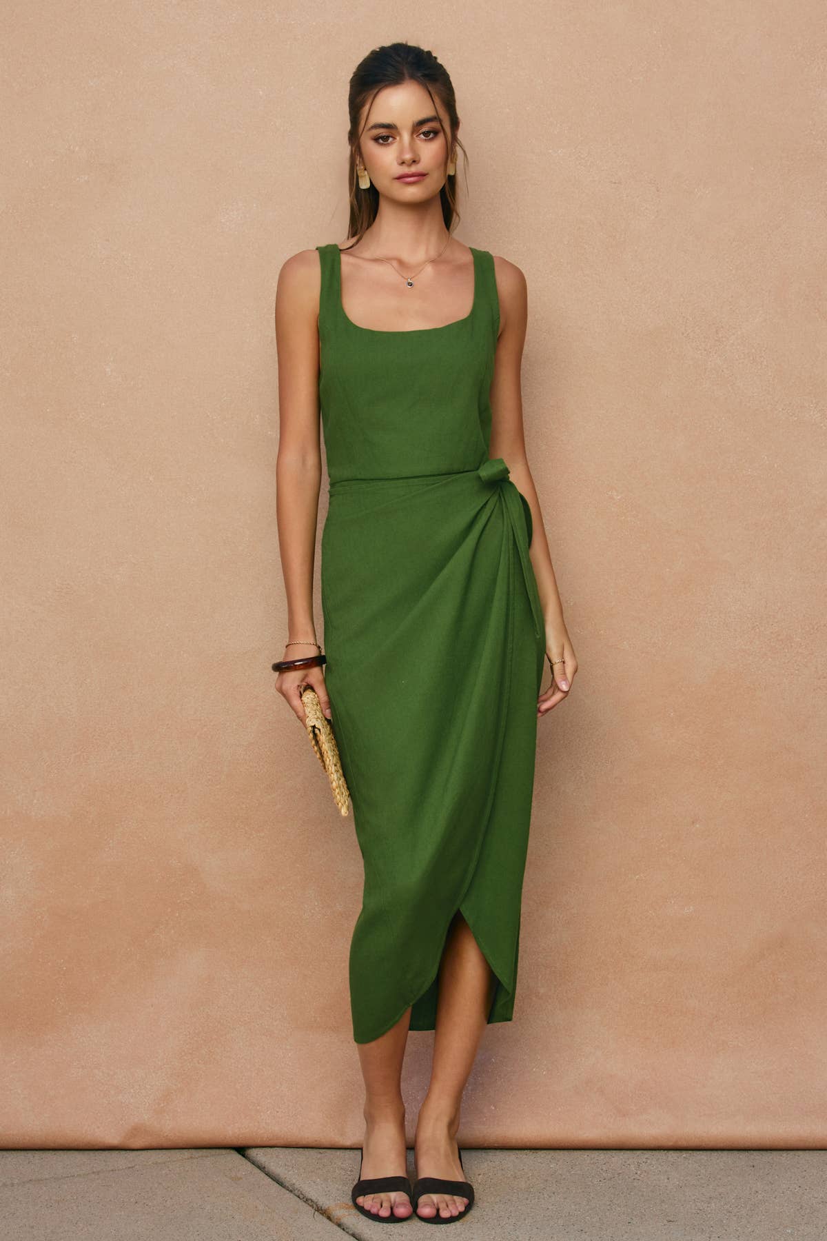 Linen Square Neck Tulip Hem Wrap Dress