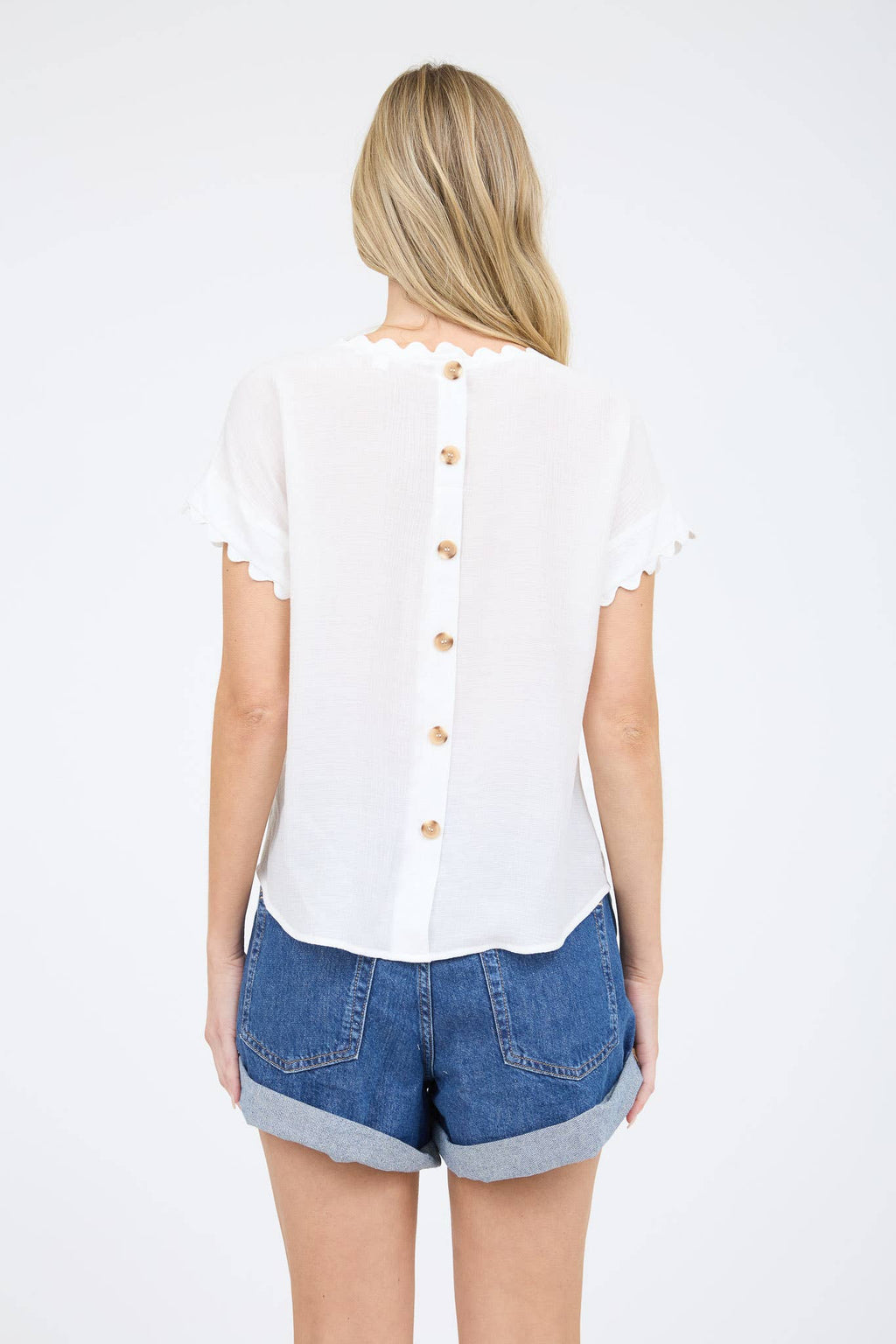 Scallop-Trim Cutout Short-Sleeve Blouse