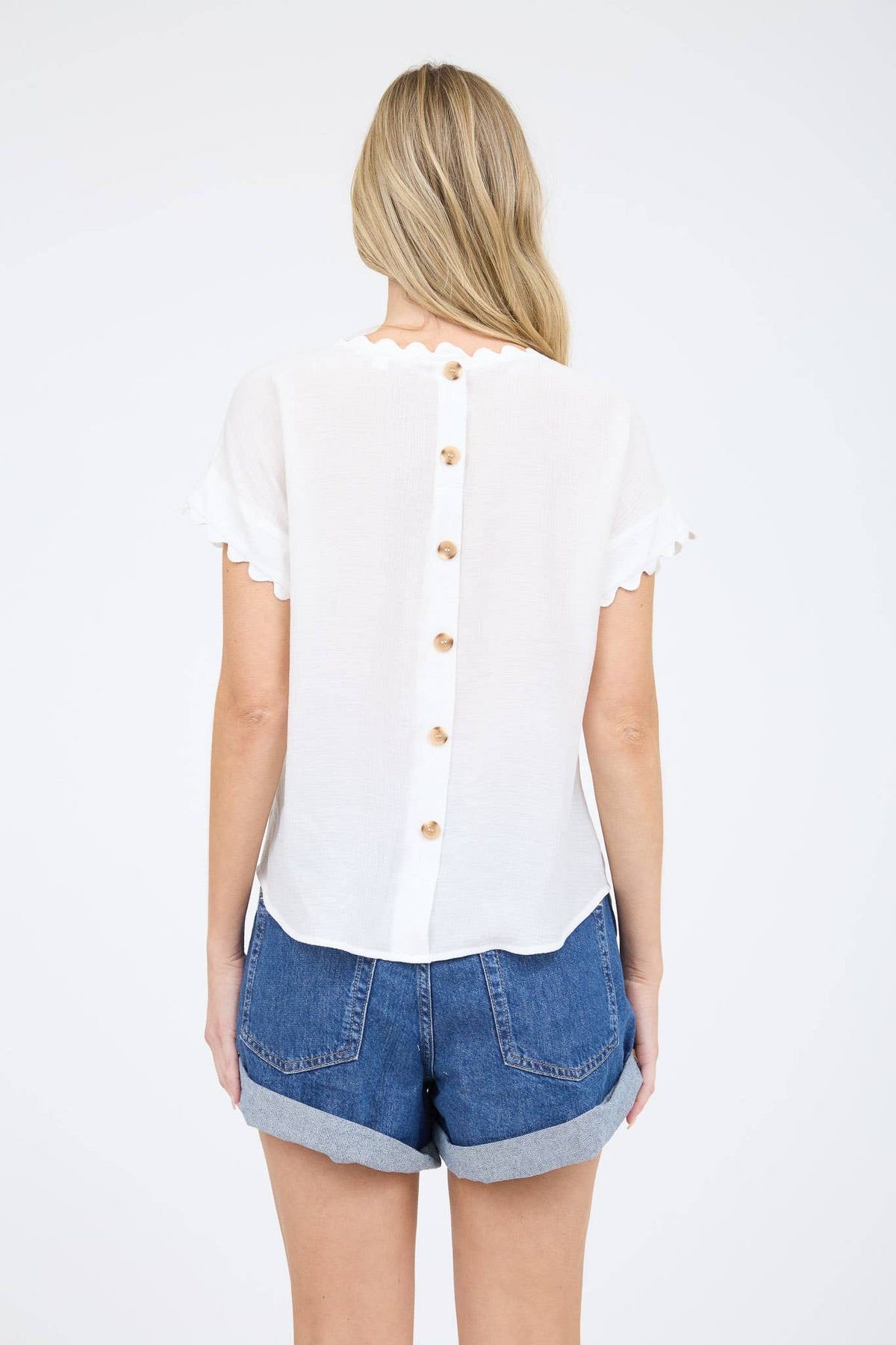 Scallop-Trim Cutout Short-Sleeve Blouse