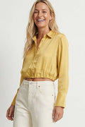 Cropped Button-down Blouse With Elastic Hem