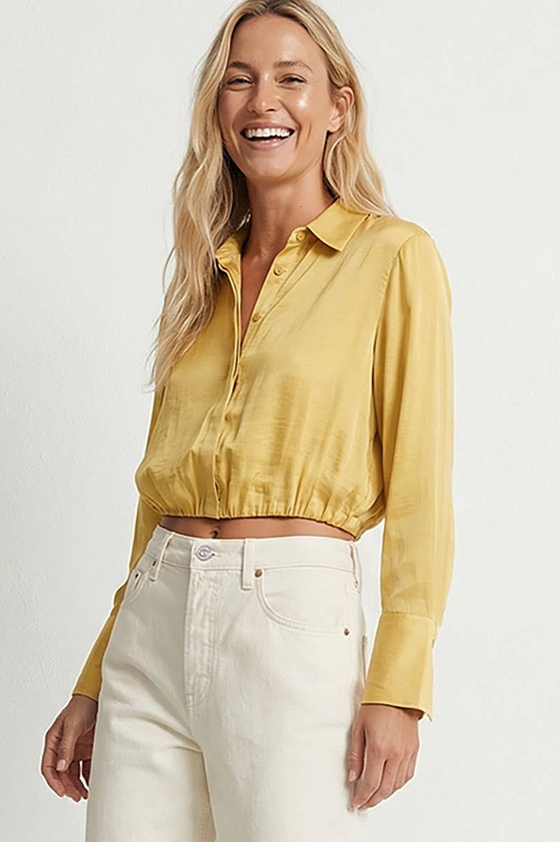 Cropped Button-down Blouse With Elastic Hem