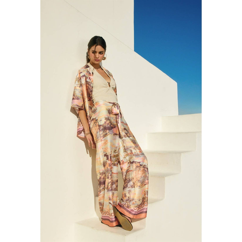 Conversational Border Print Tie Front Relaxed Pants