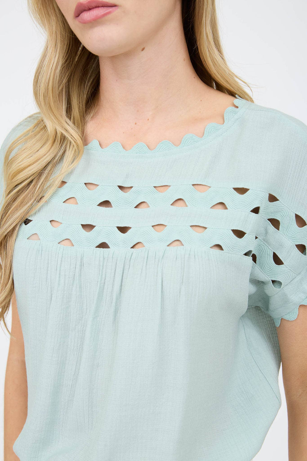 Scallop-Trim Cutout Short-Sleeve Blouse