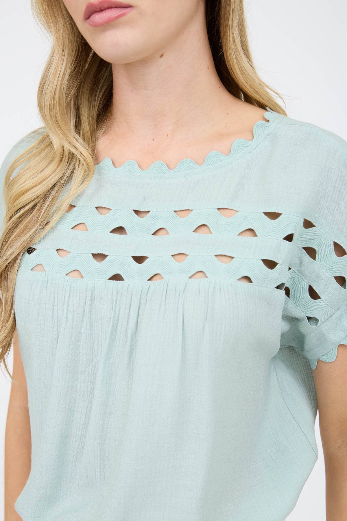 Scallop-Trim Cutout Short-Sleeve Blouse