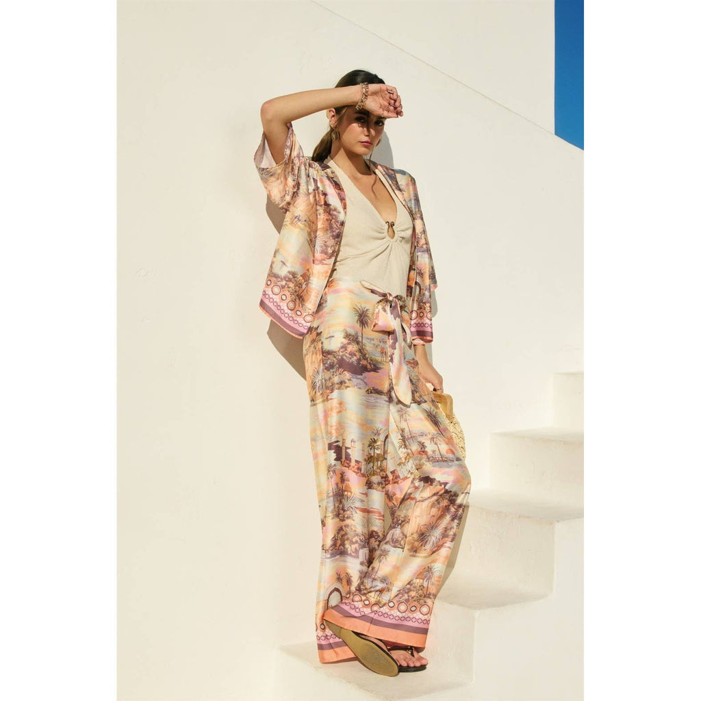 Conversational Border Print Tie Front Relaxed Pants