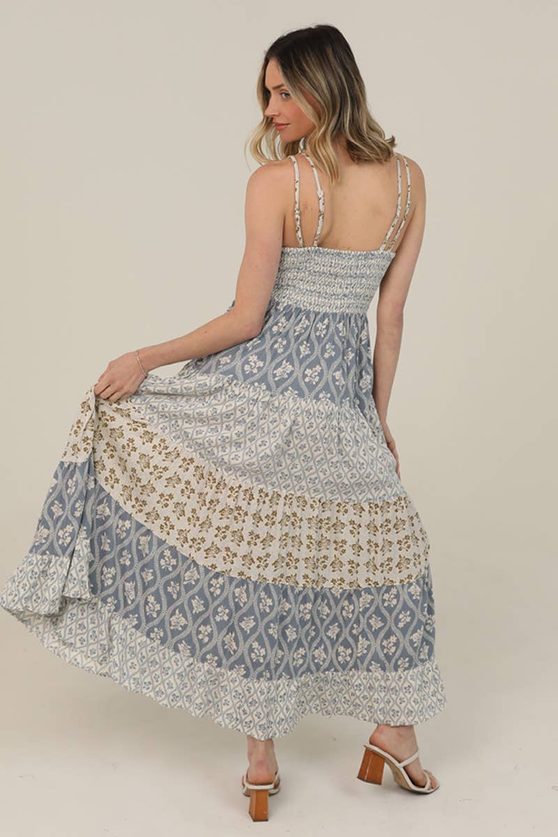 Mixed-Print Lace-Trim V-Neck Maxi Dress