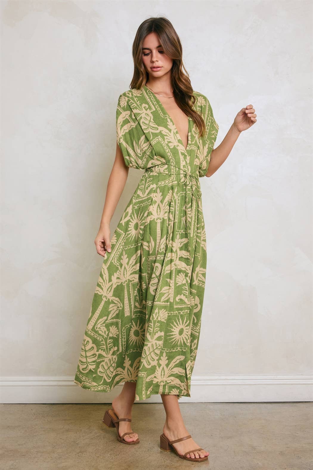 Tropical Conversational Pleated Cinch Waist Midi Dress