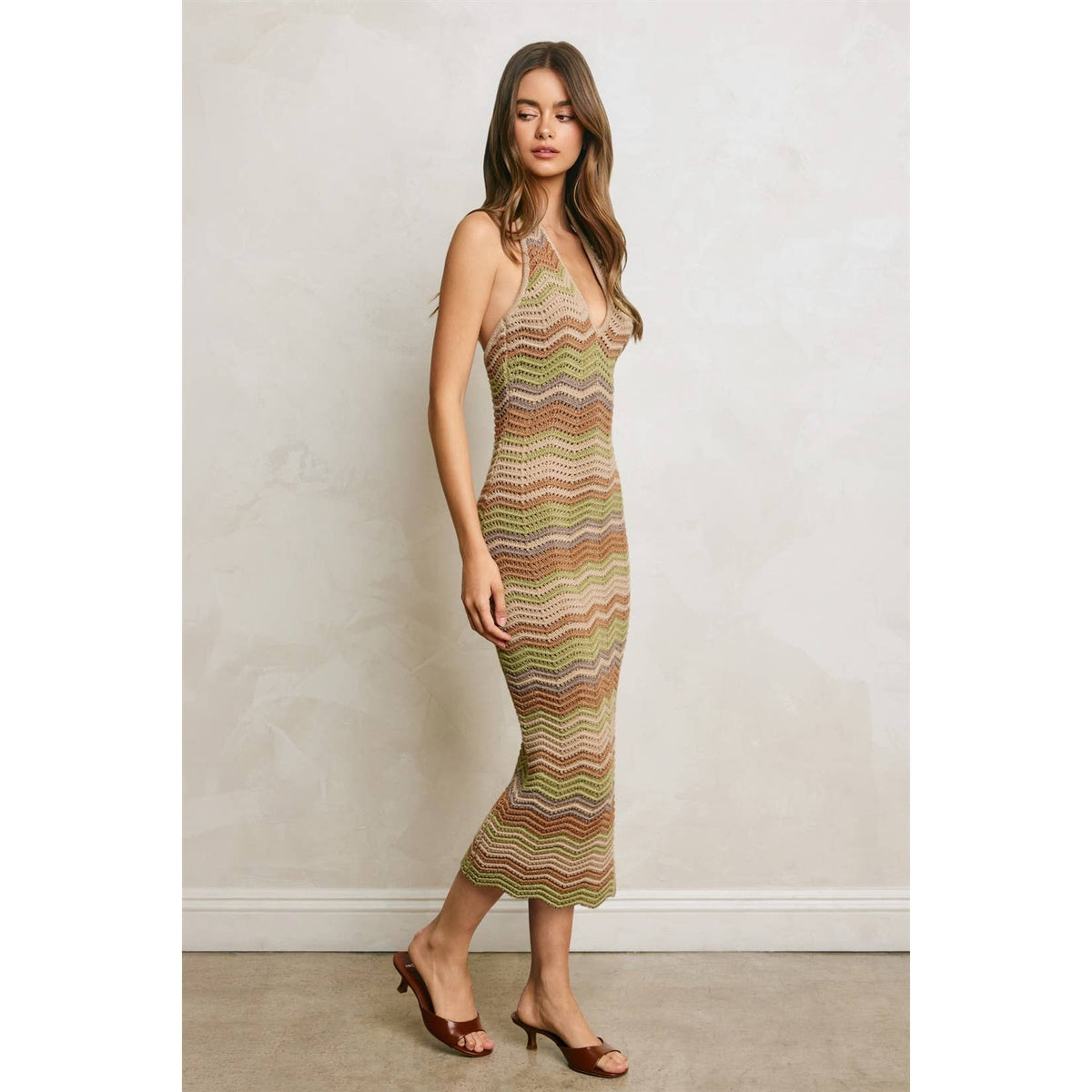 Metallic Chevron Stripe Halter Knitted Dress