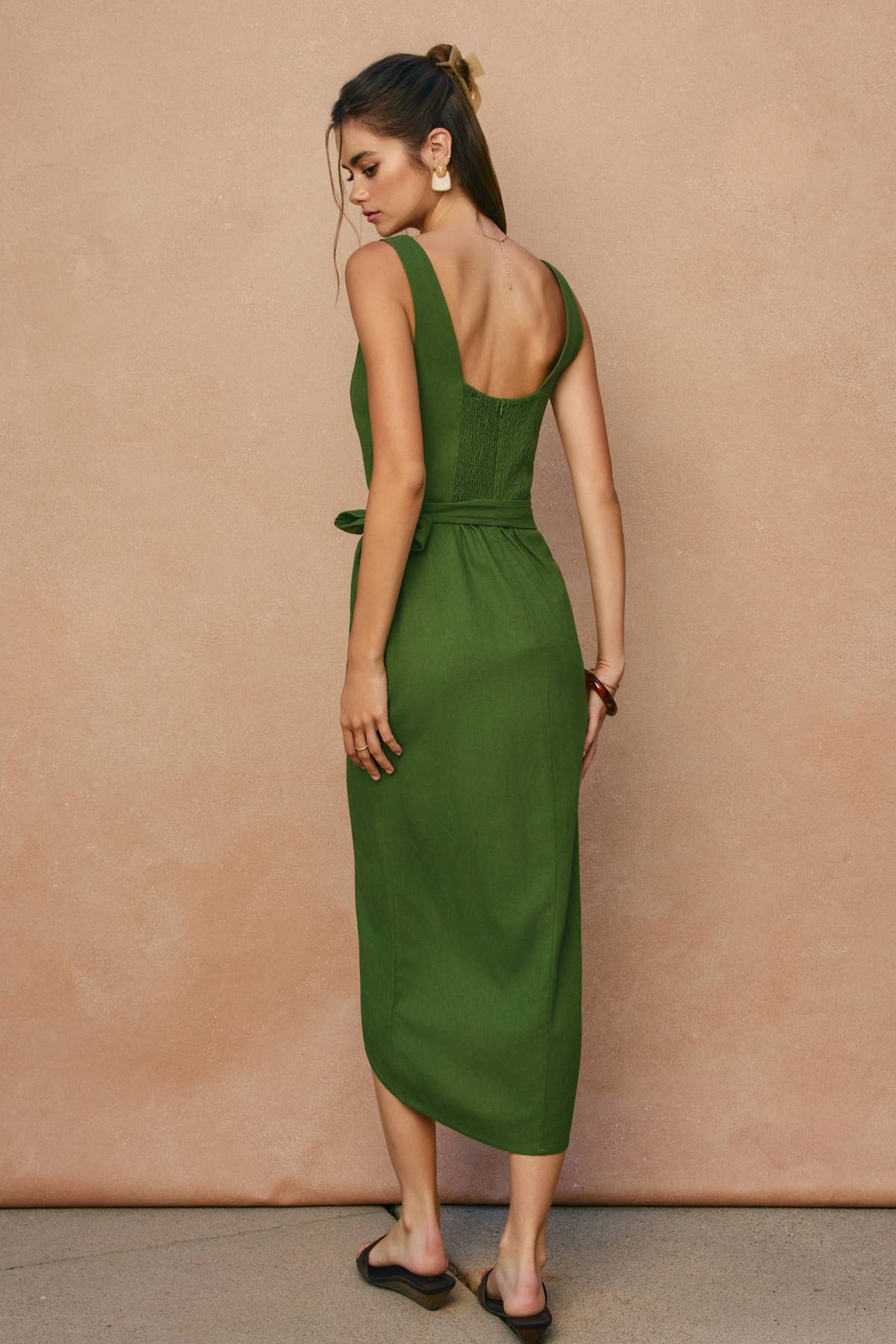Linen Square Neck Tulip Hem Wrap Dress