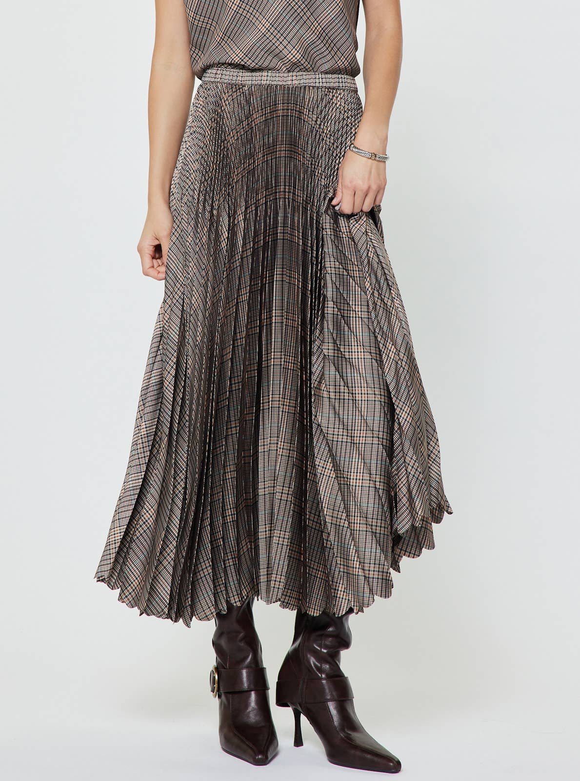 Plaid Pleated Midi Skirt