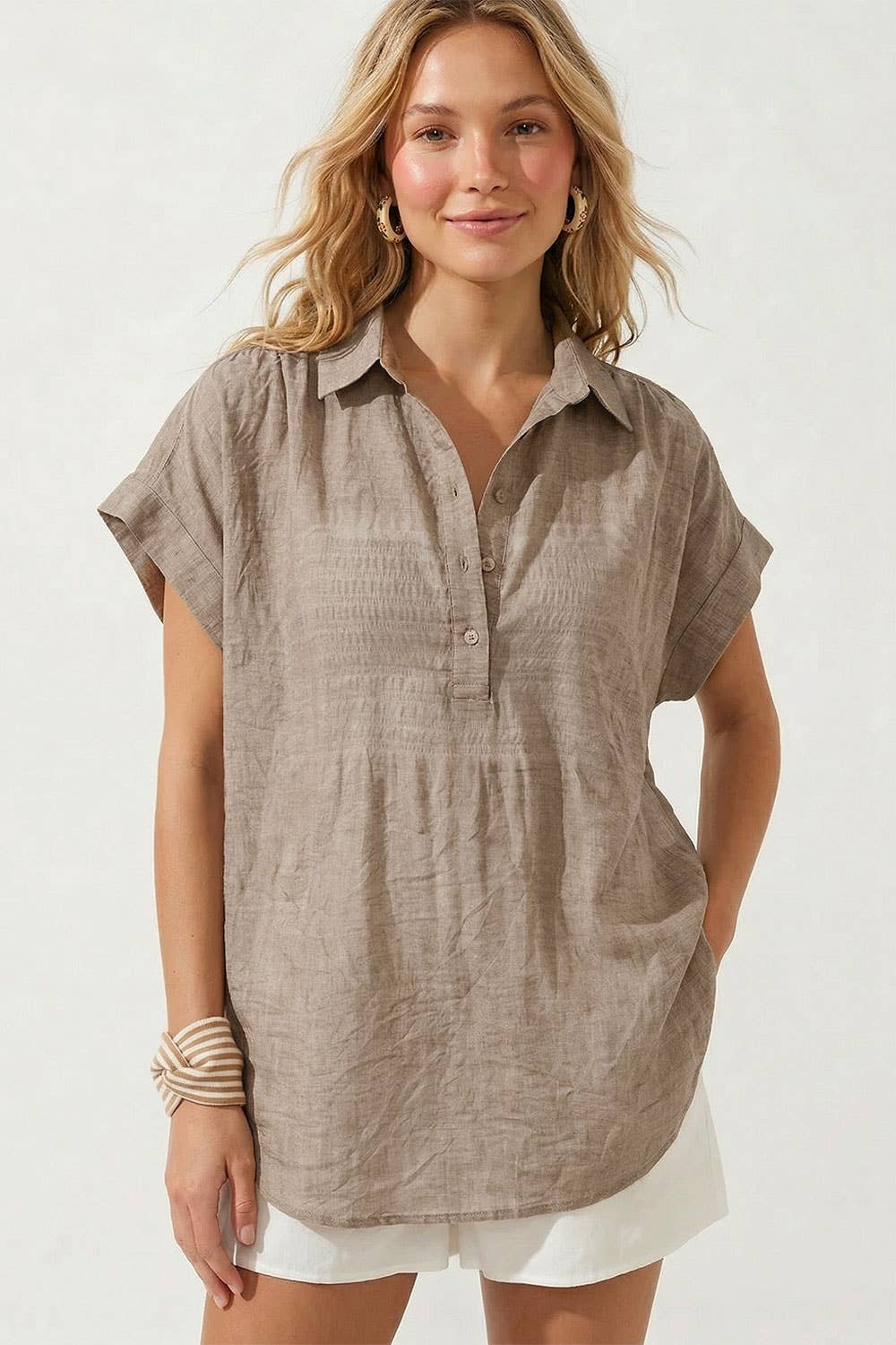Sheer Rayon-Cotton Short Sleeve Popover Blouse