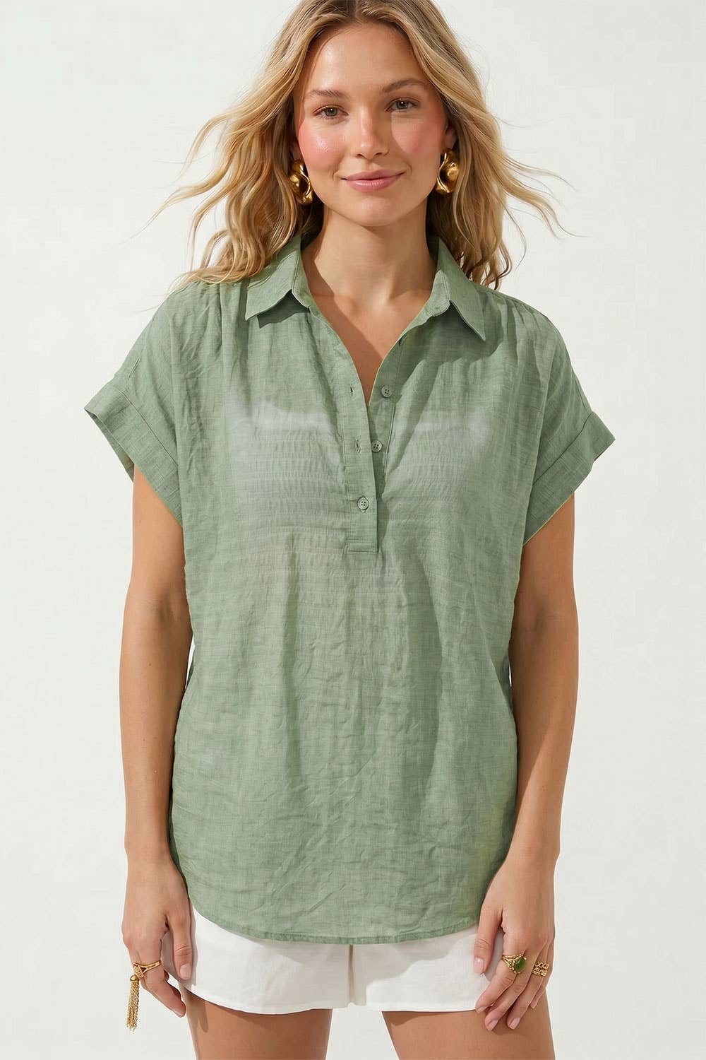 Sheer Rayon-Cotton Short Sleeve Popover Blouse