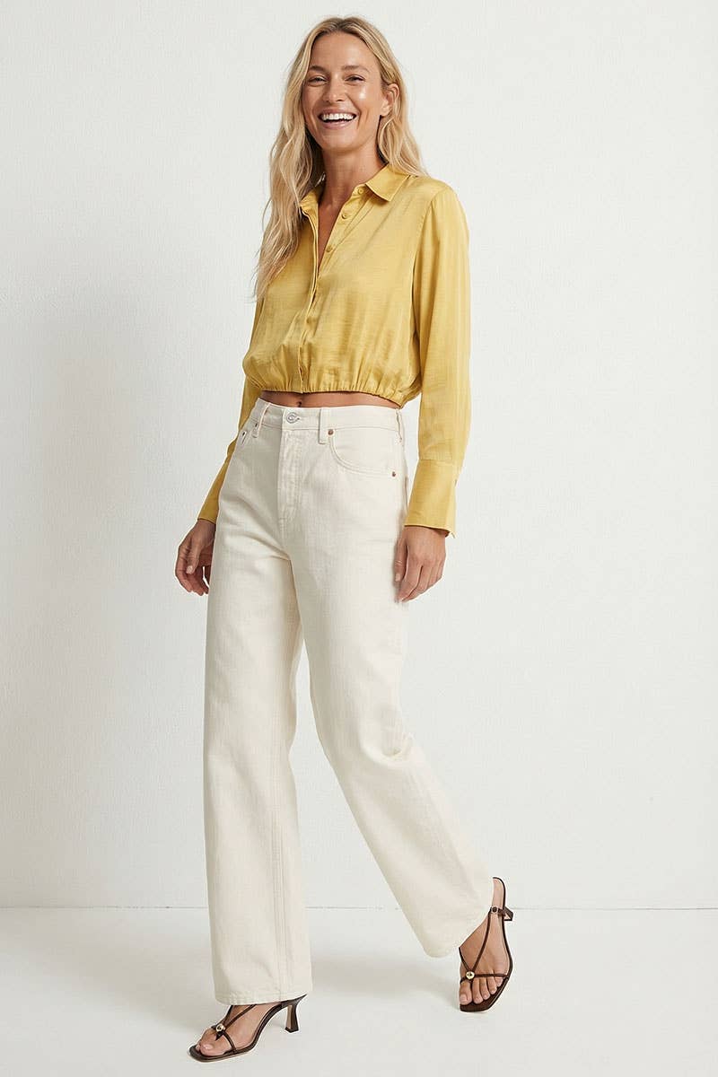 Cropped Button-down Blouse With Elastic Hem