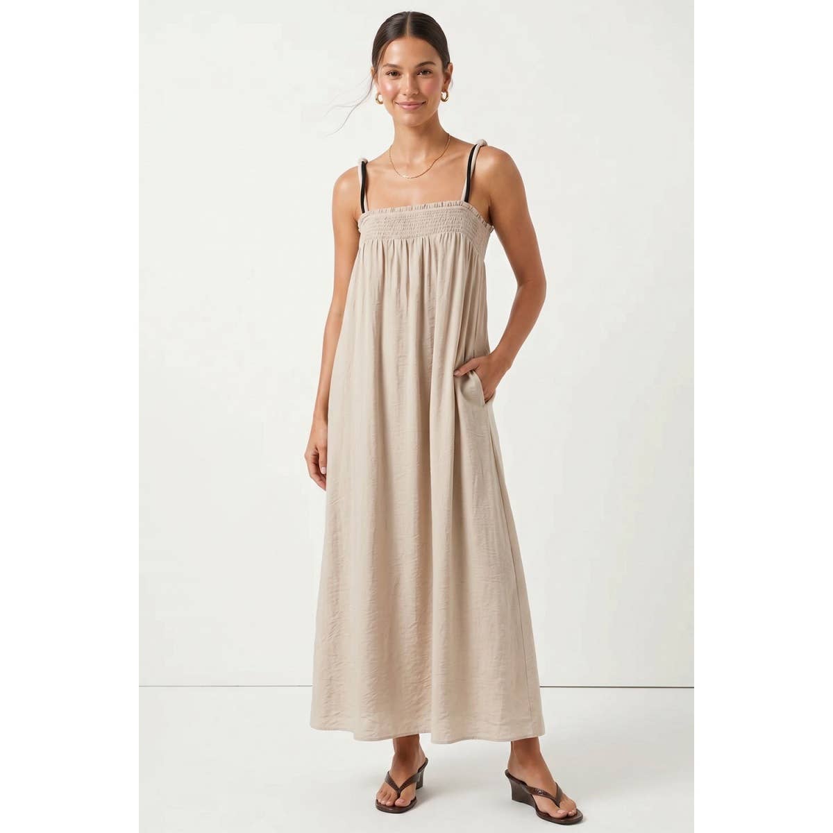 Cord Detail Smocking Maxi Dress
