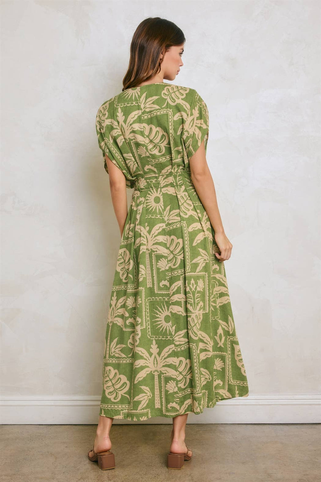 Tropical Conversational Pleated Cinch Waist Midi Dress