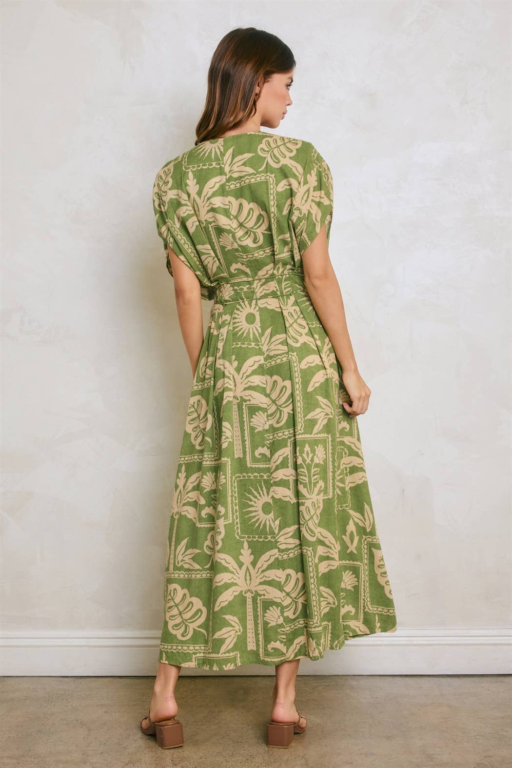 Tropical Conversational Pleated Cinch Waist Midi Dress