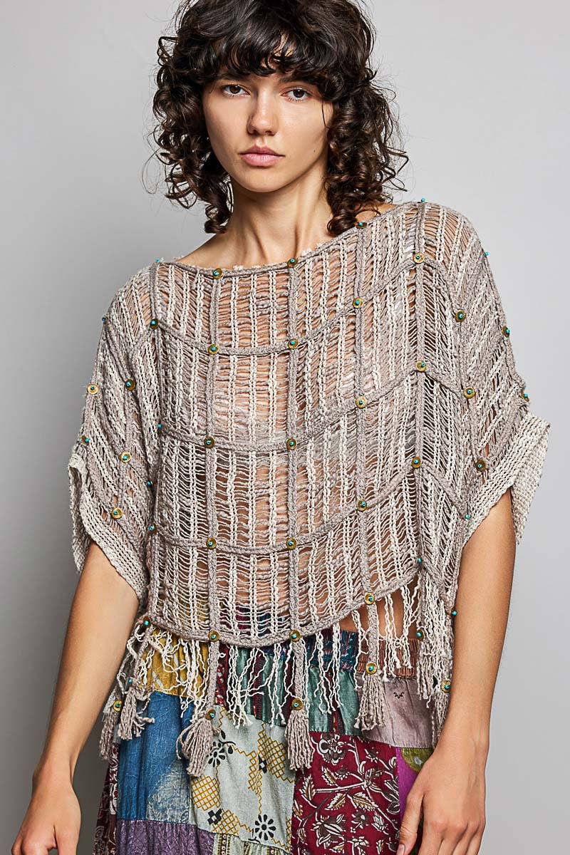 Boho Tassel Rivet Accent Round Neck Short Sleeve