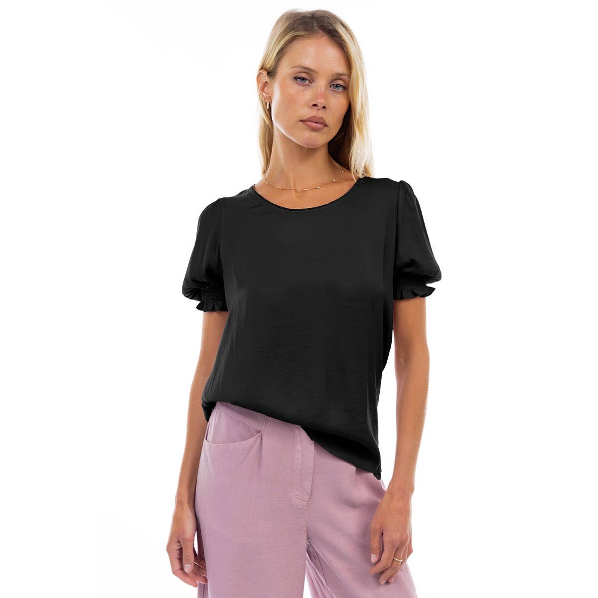 Crew Neck Short Sleeve Blouse With Piping Detail