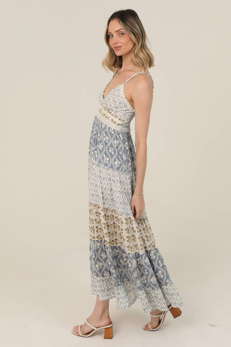Mixed-Print Lace-Trim V-Neck Maxi Dress