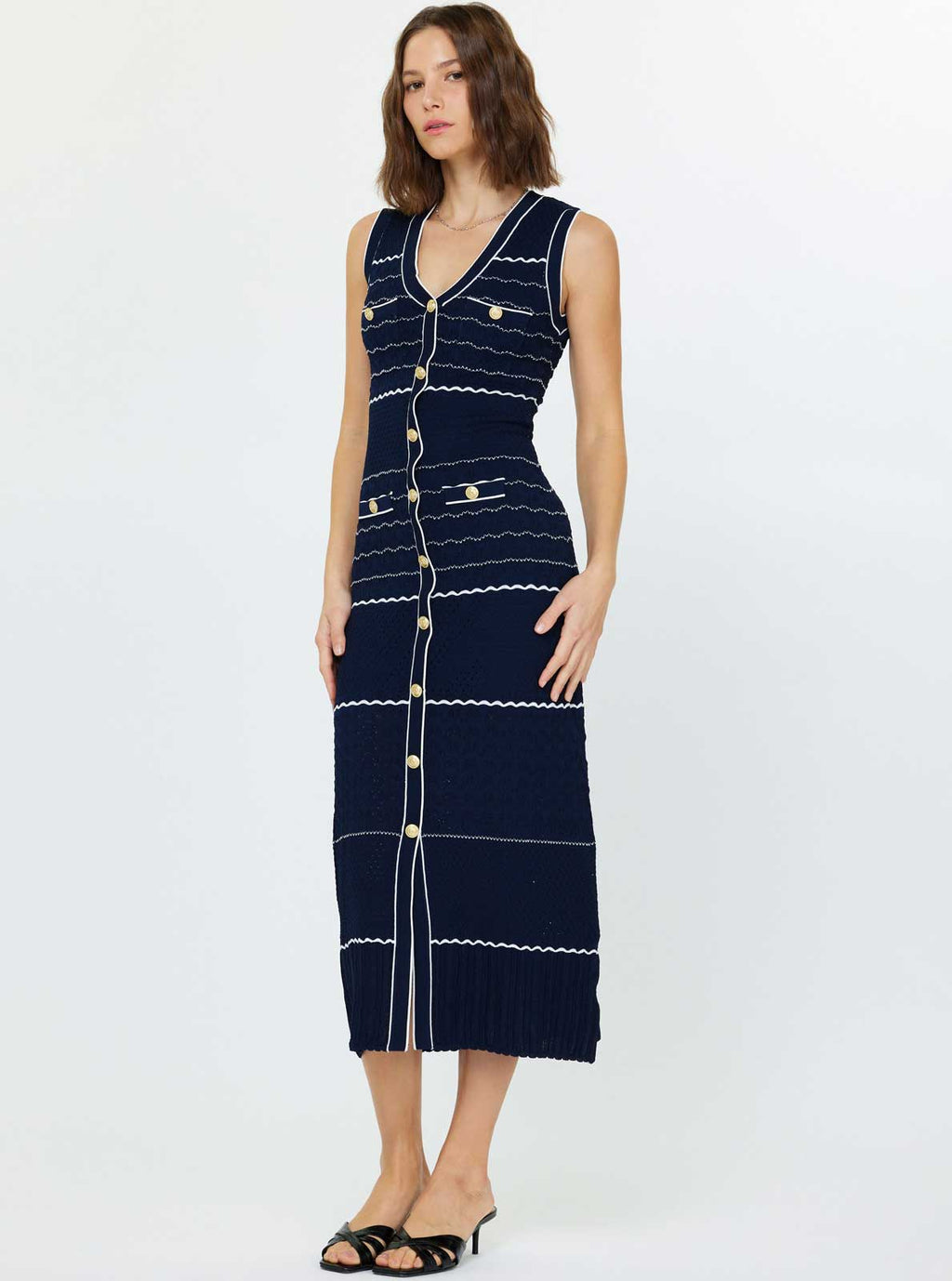 Navy Blue Gold Button Sleeveless Knit Dress